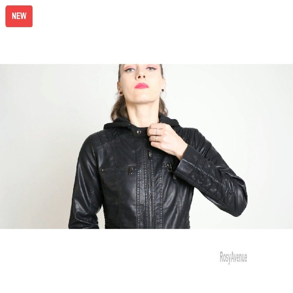 Women's Faux Leather Moto Jacket with Hood, Slim Fit, Detachable Hood - Picture 8 of 8